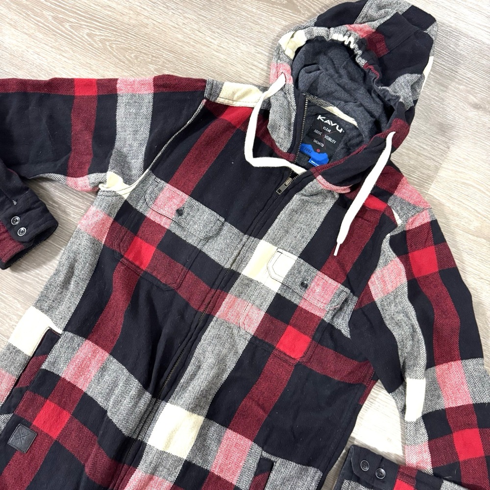 Kavu Black Red White Full Zip Hooded Flannel Shirt Jacket Men's Size XS